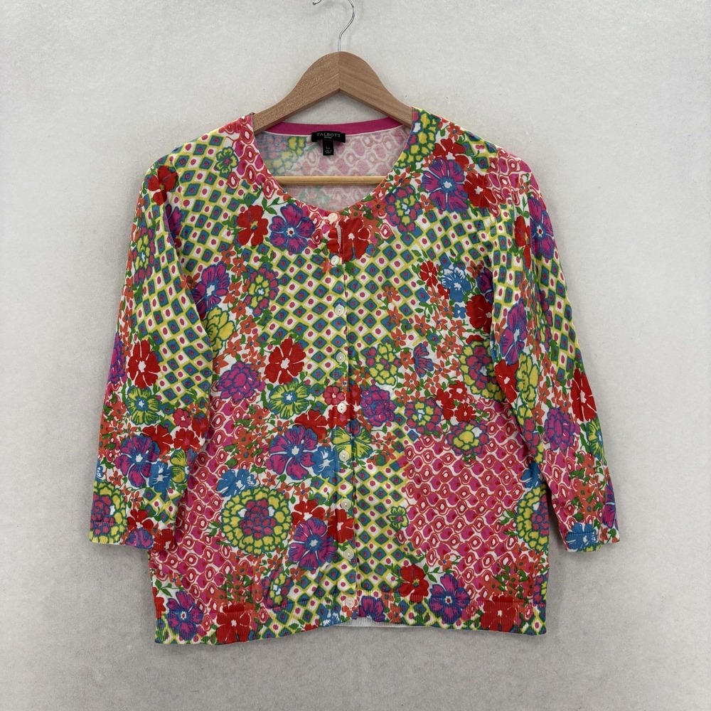 Talbots Cardigan Womens PL Multicolor Floral Crew Neck Knit Button Front Career